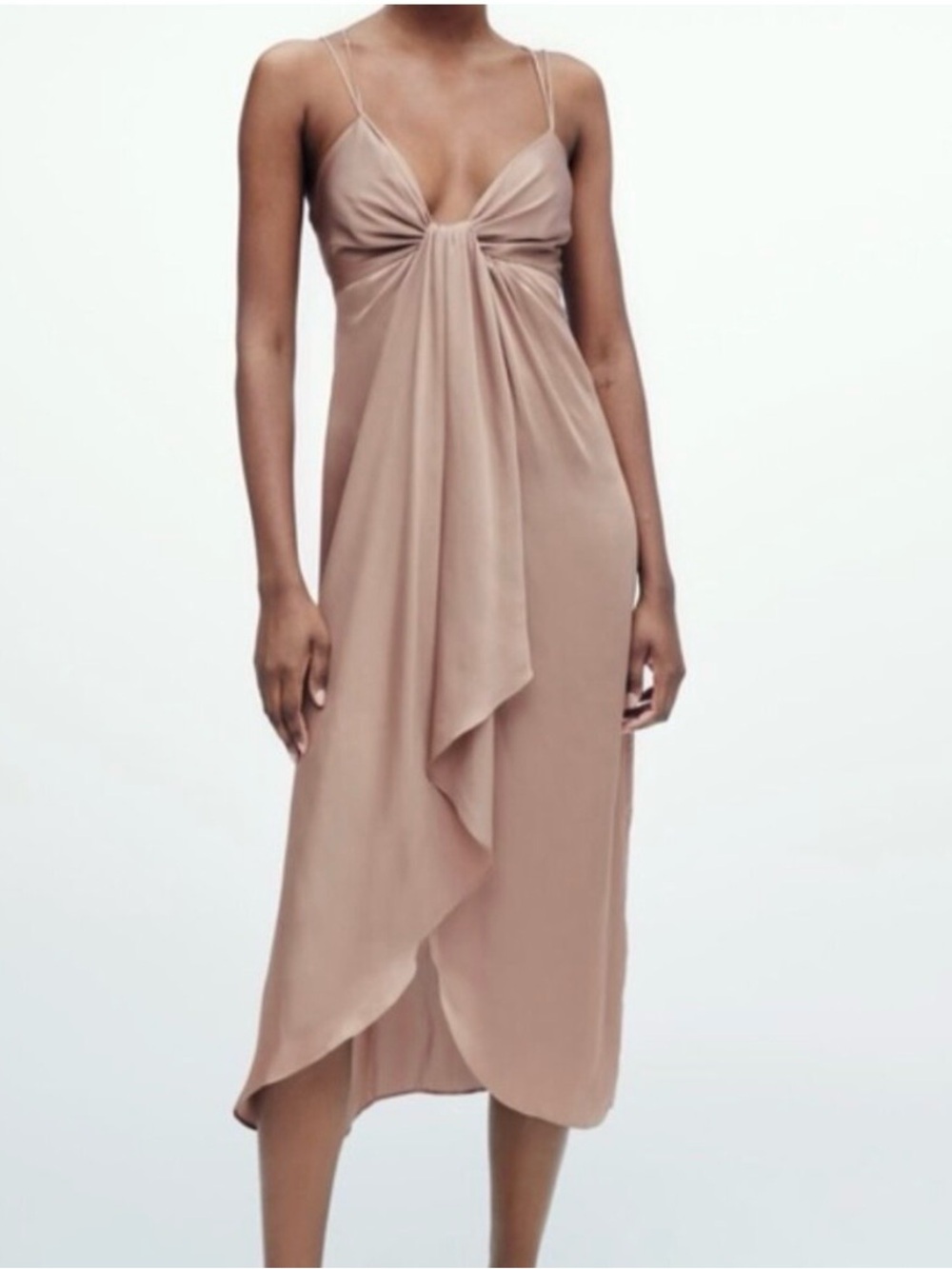 Zara Blush-Taupe Draped Midi Slip Dress